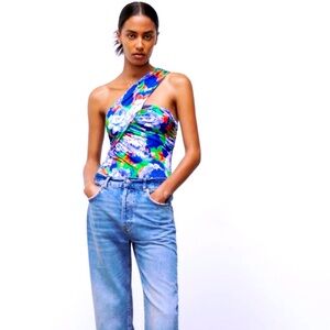 Zara NEW floral rose printed asymmetrical bodysuit MEDIUM NWT
